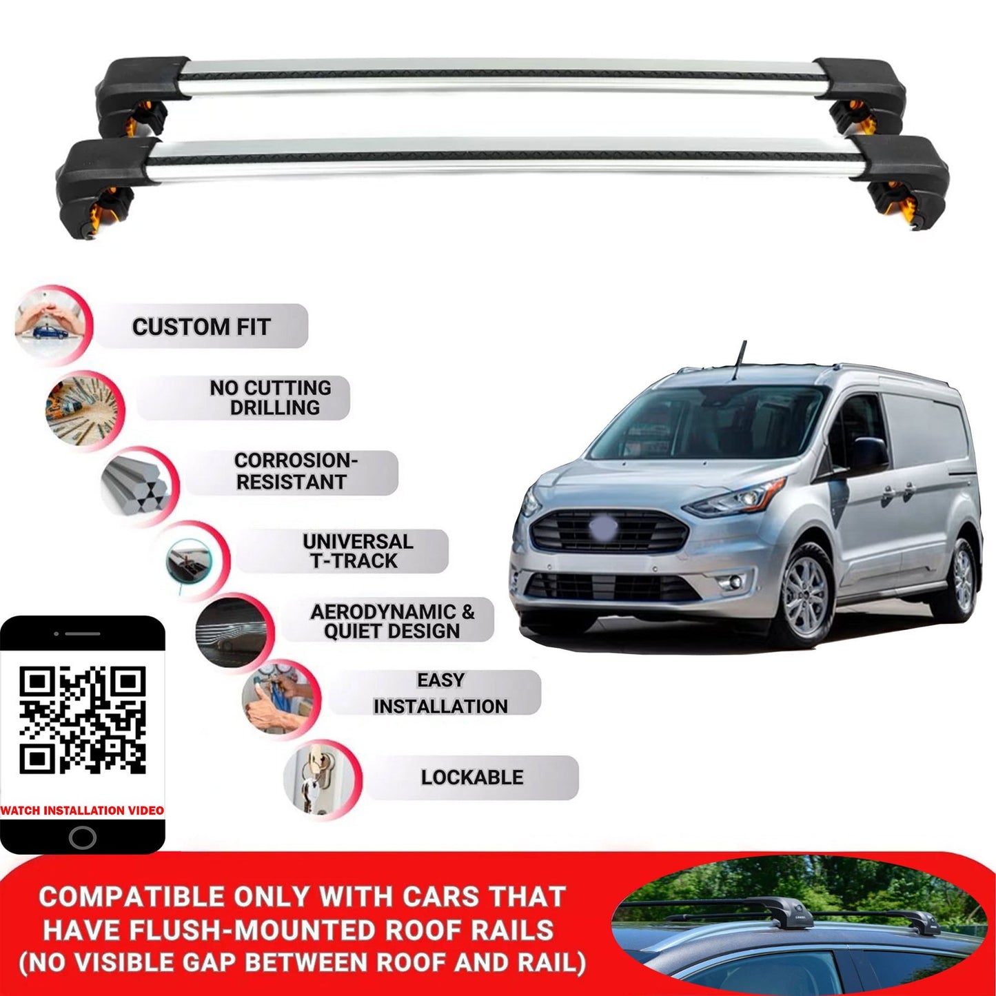 Premium Roof Bars For Ford Transit Connect 2014-2023 Secure Roof Rack Cross Bar 2 Pcss Grey