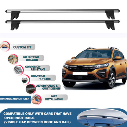 Lockable Roof Rack Cross Bars for Dacia Sandero/Stepway 2021-2023 | Heavy Duty Rail Carrier 2 Pcs Grey