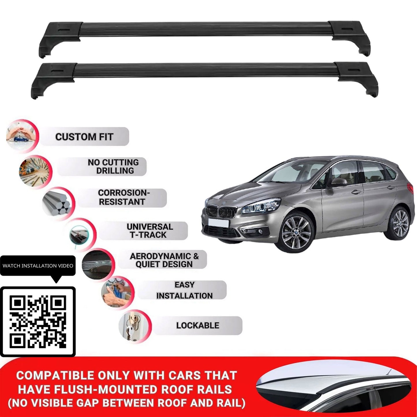 Roof Bars for Bmw 2 Series Active Tourer 2012-2022; Roof Rack Cross Bar 2 Pcs Black