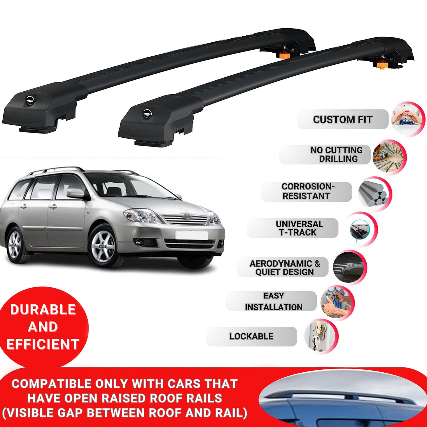 Roof Bar for Toyota Corolla E120 2000-2006 Lockable Roof Rack Cross Bars 2 Pcs Black