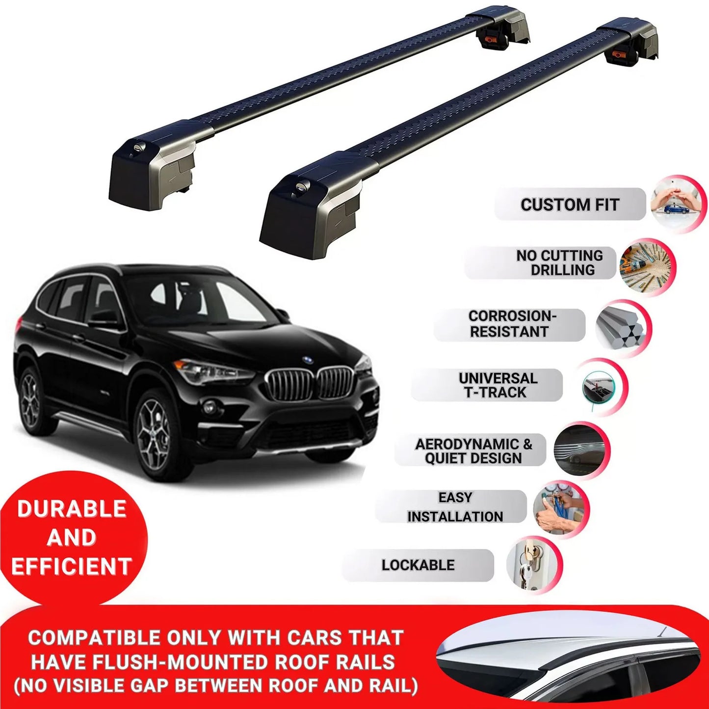 Roof Bars Rack for Bmw X1 F48/F49 2016 - 2022 Lockable Rail Carrier 2 Pcs Black