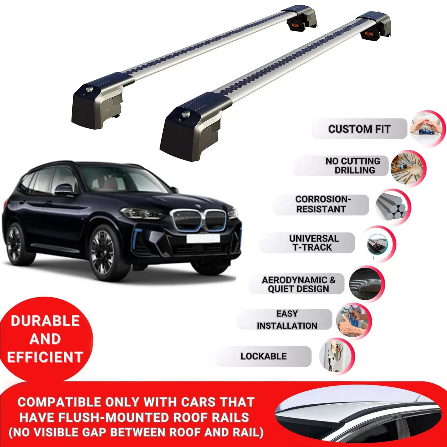 Roof Bars Rack for Bmw IX3 G08 2020 2023 Lockable Rail Carrier 2 Pcs Grey