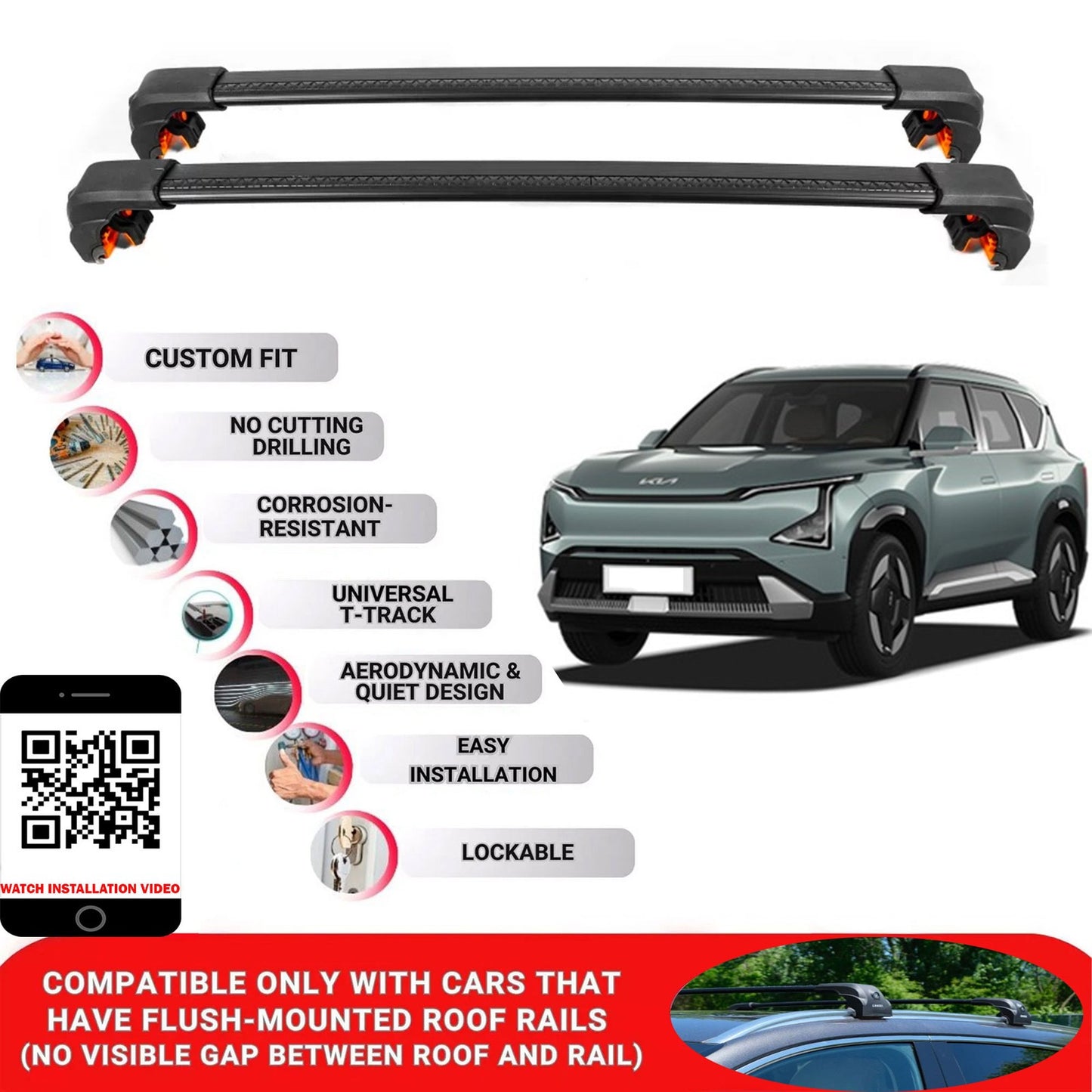 Premium Roof Bars For Kia Ev5 Suv 2024+ Secure Roof Rack Cross Bar 2 Pcss Secure Black