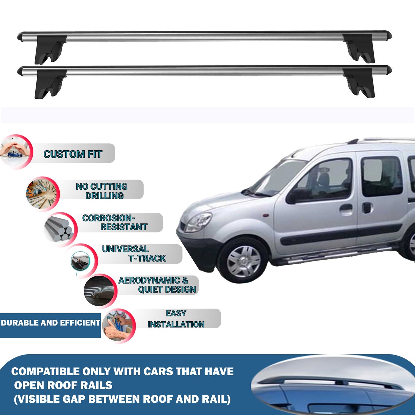 Lockable Roof Rack Cross Bars for Renault Kangoo 1997-2007 | Heavy Duty Rail Carrier 2 Pcs Grey