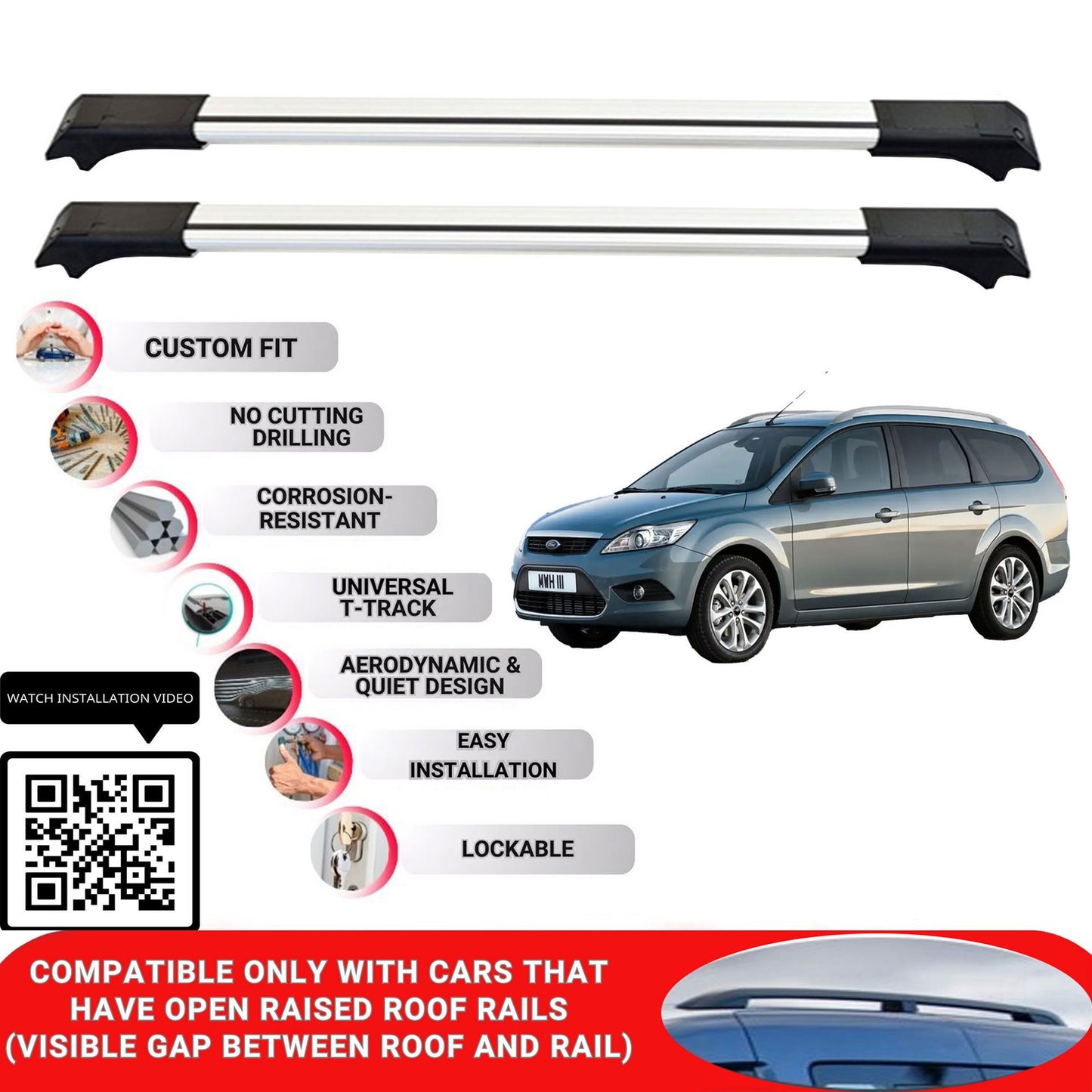 Roof Rack Cross Bars for Ford Focus 2008-2011 Lockable Roof Bars 2 Pcs Grey