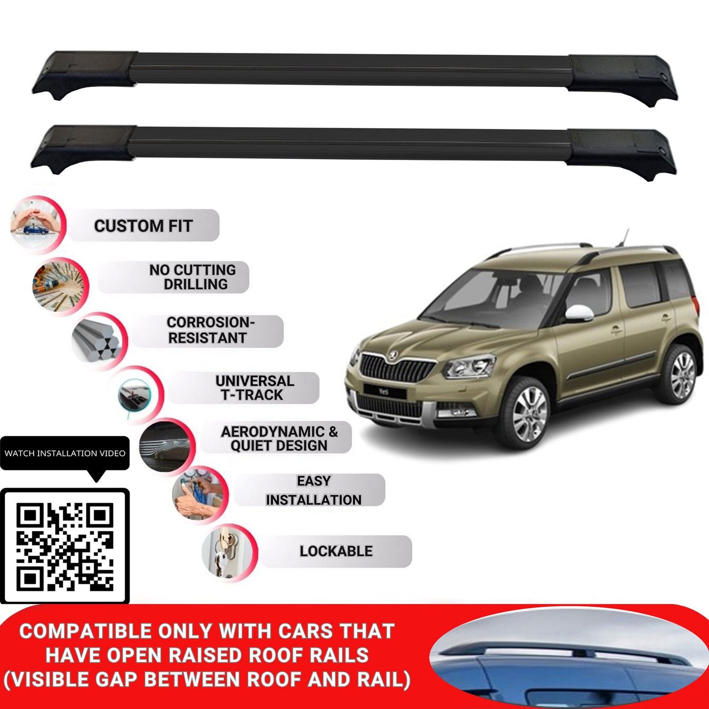 Roof Rack Cross Bars for Skoda Yeti 2009-2017 Lockable Roof Bars 2 Pcs Black