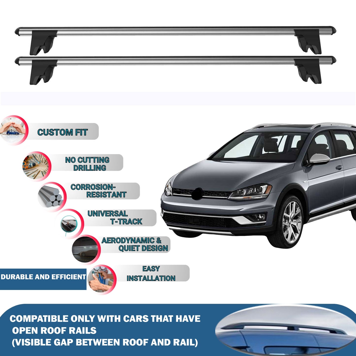 Lockable Roof Rack Cross Bars for Vw Golf Alltrack 2015-2023 | Heavy Duty Rail Carrier 2 Pcs Grey