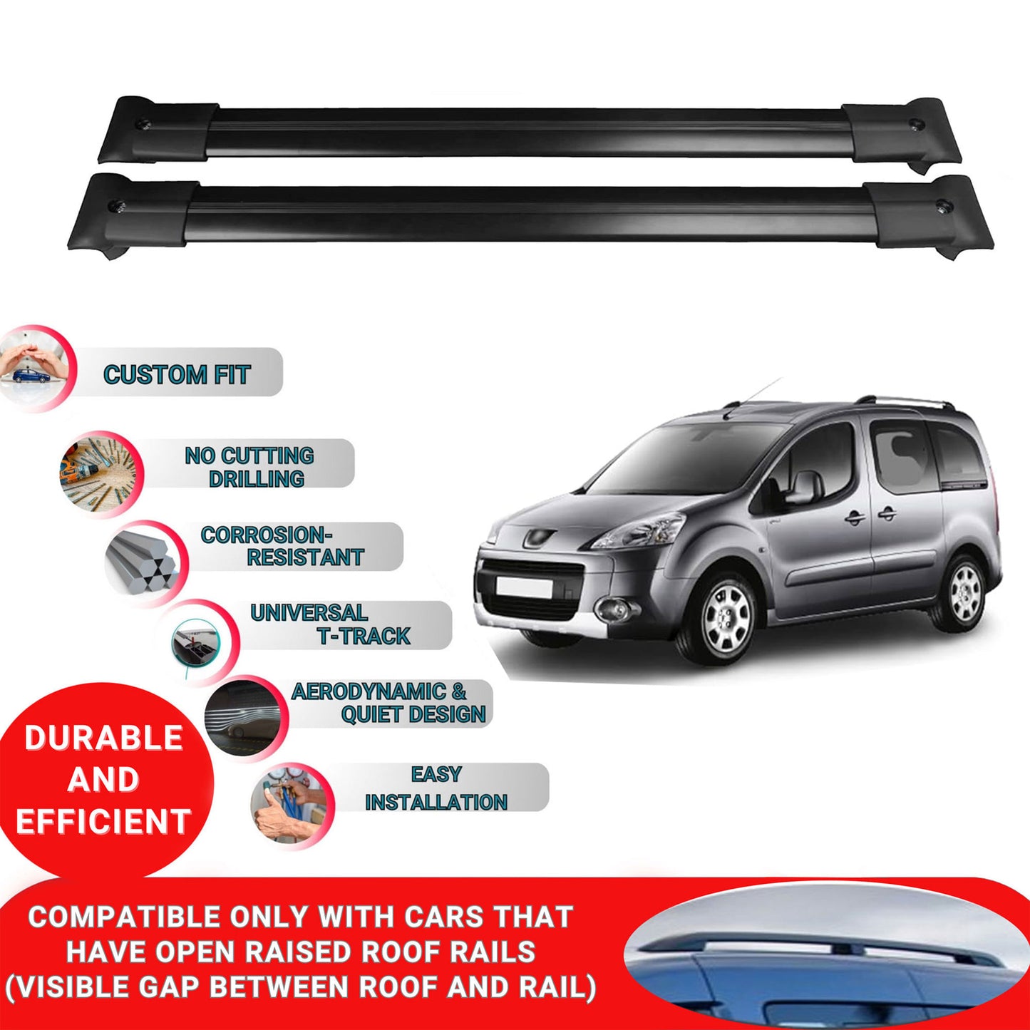 Roof Racks Cross Bars For Peugeot Partner Tepee 2008-2018 4 Pcs Black