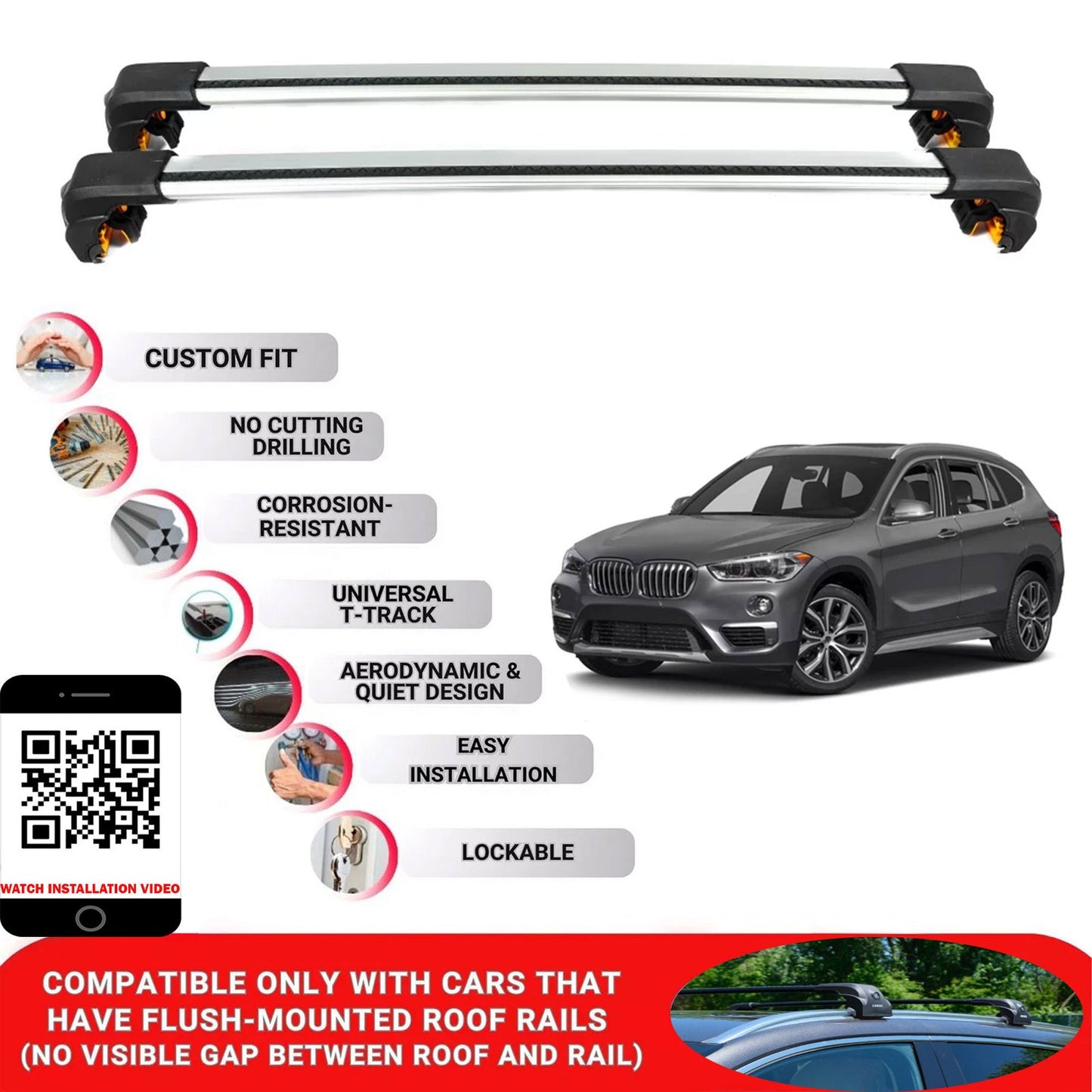 Premium Roof Bars For Bmw X1 F48 2016-2022 Secure Roof Rack Cross Bar 2 Pcss Secure Grey