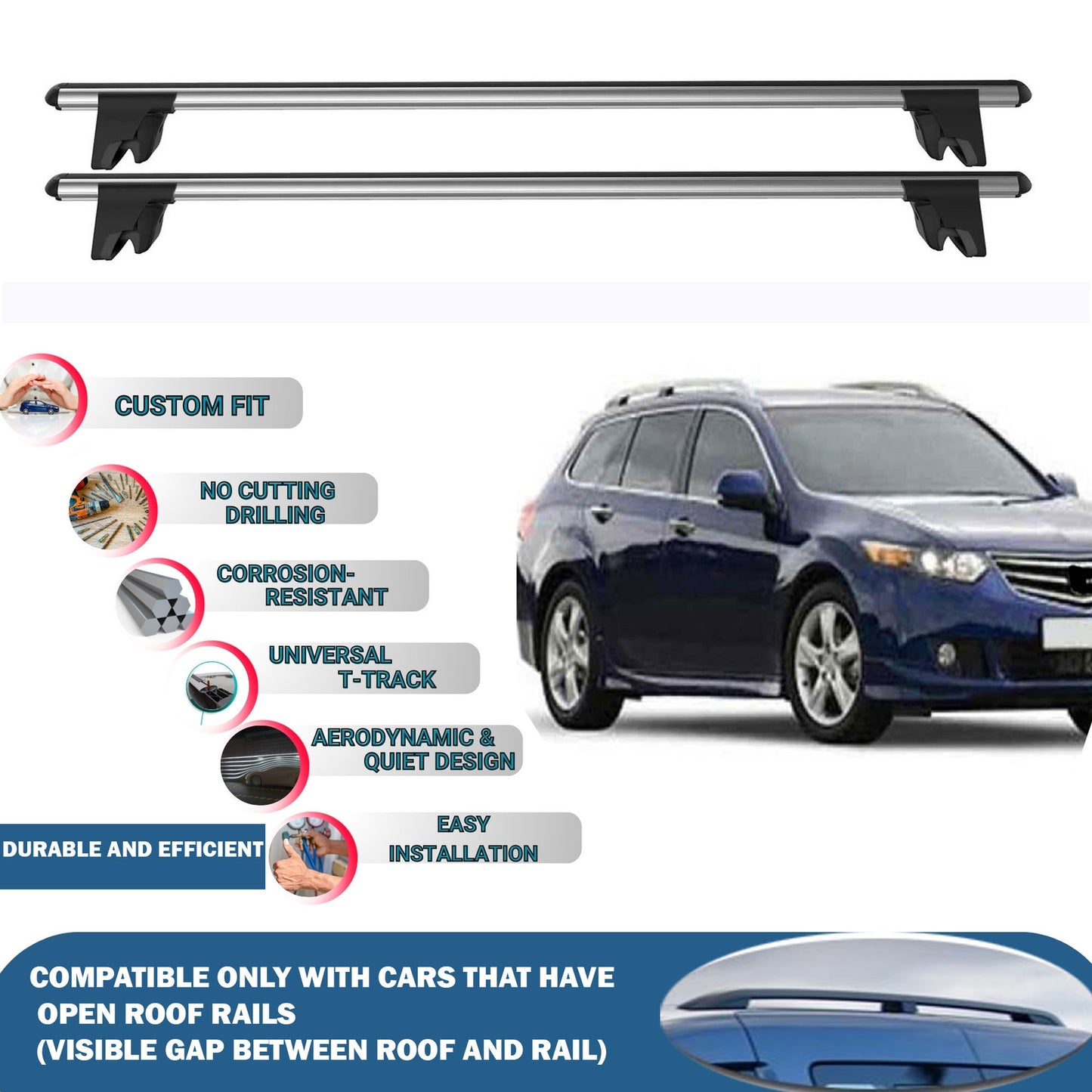 Lockable Roof Rack Cross Bars for Honda Accord Tourer Sw 2008-2015 | Heavy Duty Rail Carrier 2 Pcs Grey