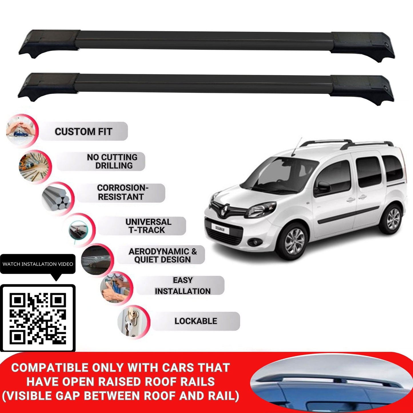 Roof Rack Cross Bars for Renault Kangoo Maxi 2010-2021 Lockable Bars 2 Pcs Black
