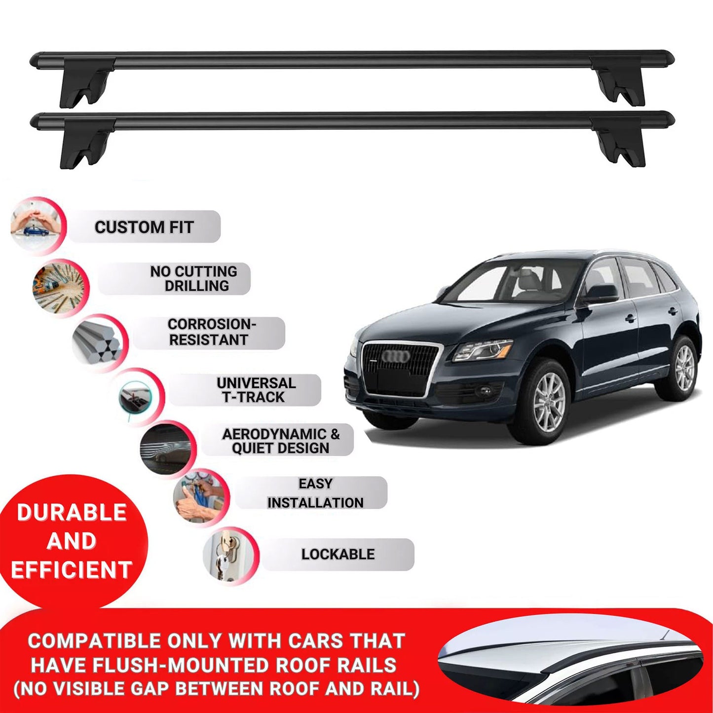 Premium Roof Bars for Audi Q5 Mk1 2008-2017; Lockable Roof Rack Cross Bars 2 Pcs Black