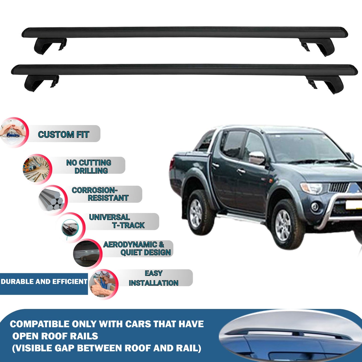 Roof Rack Cross Bars for Mitsubishi Triton L200 2016-2023 Rail Carrier for Roof Tents 2 Pcs Black
