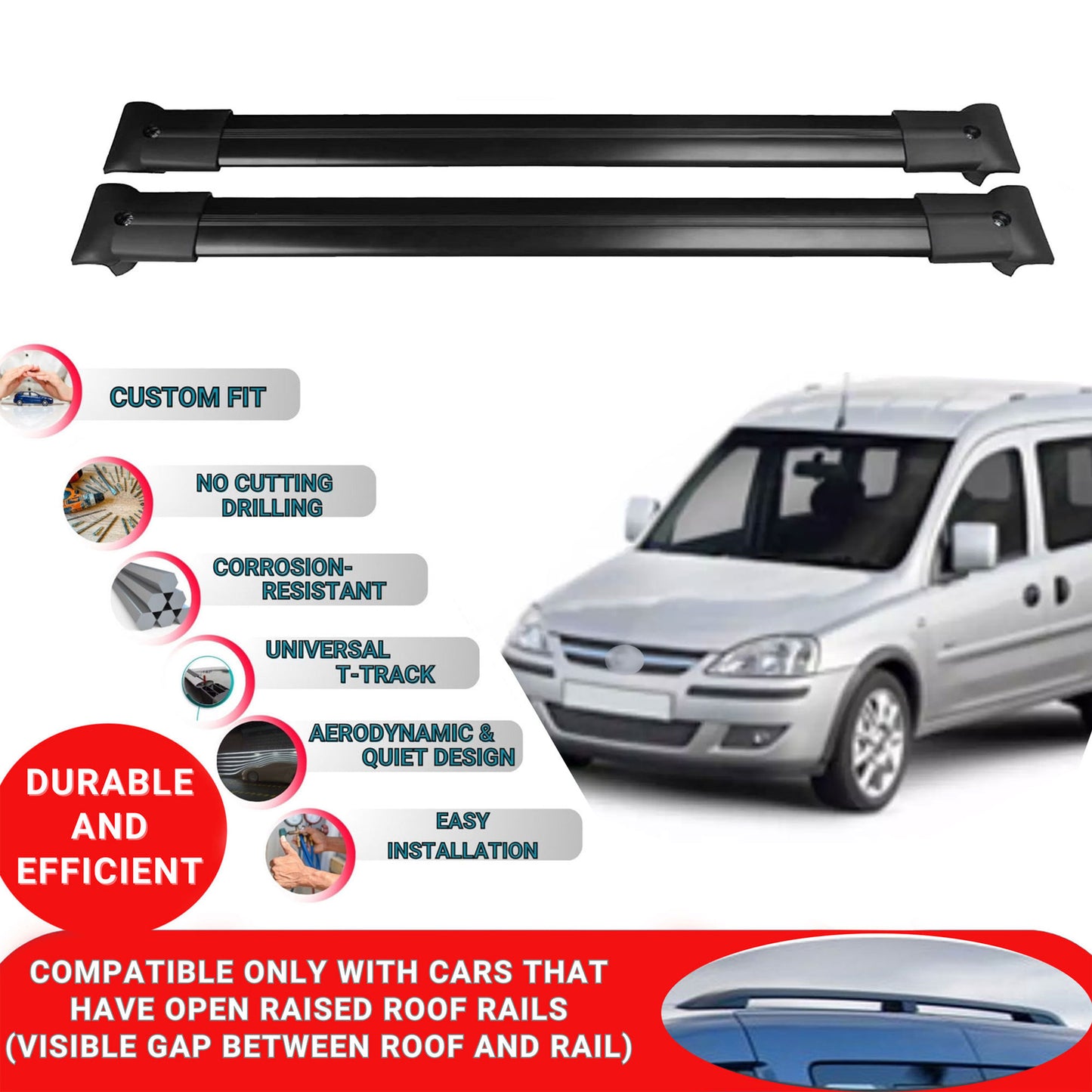 Roof Racks Cross Bars ForVauxhallCombo C Mvn 2001-2011 2 Pcs Black