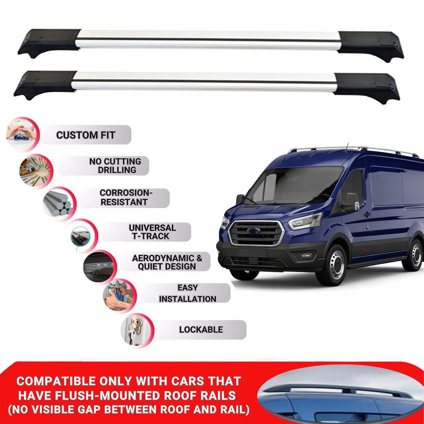 2X Car Roof Rack Cross Bars for Ford Transit 2014-2021 Lockable Roof Bars Grey
