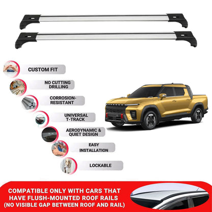 2X Car Roof Bars for Ssangyong Musso Ev 2025+ Lockable Roof Rack Cross Bars Grey
