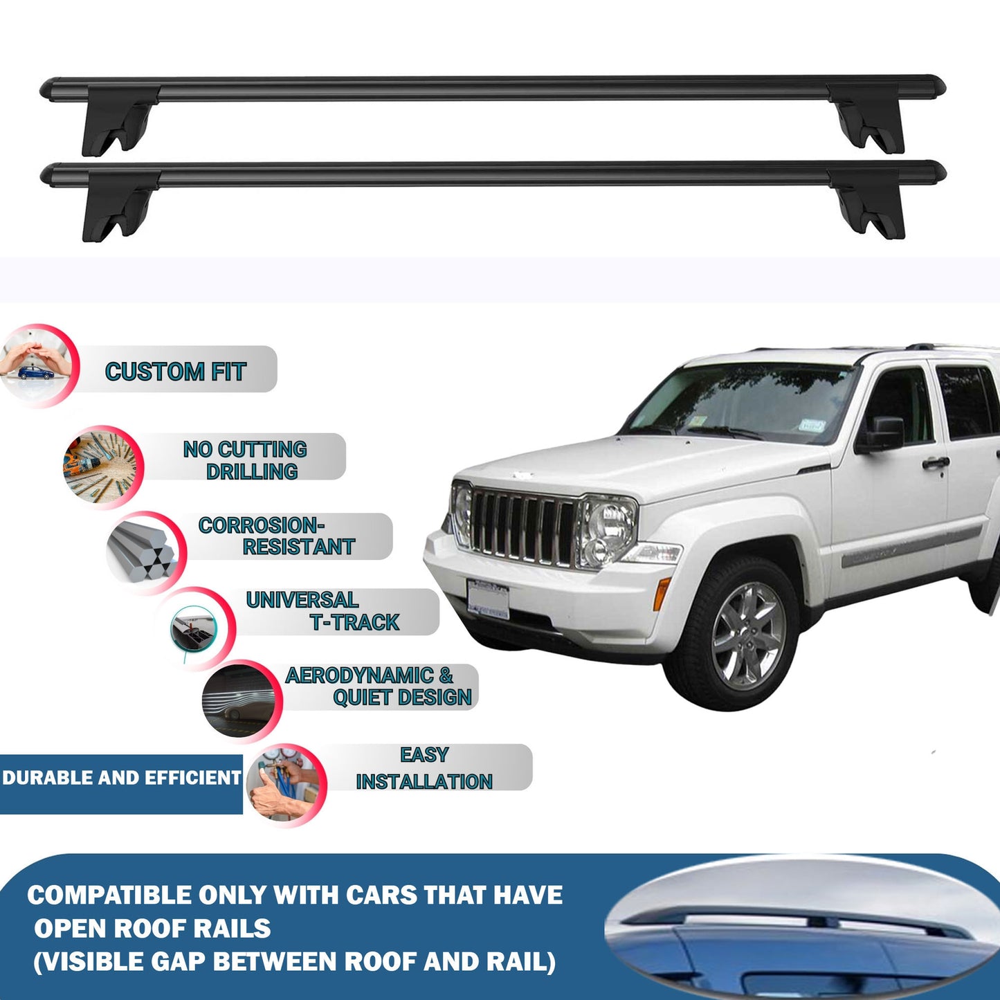 Lockable Roof Rack Cross Bars for Jeep Liberty KK 2008-2012 | Heavy Duty Rail Carrier 2 Pcs Black