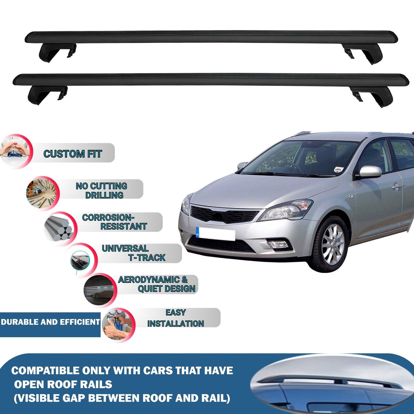 Roof Rack Cross Bars for Kia Cee'D/Ceed Estate Sw 5D 2006-2012 Rail Carrier for Roof Tents 2 Pcs Black