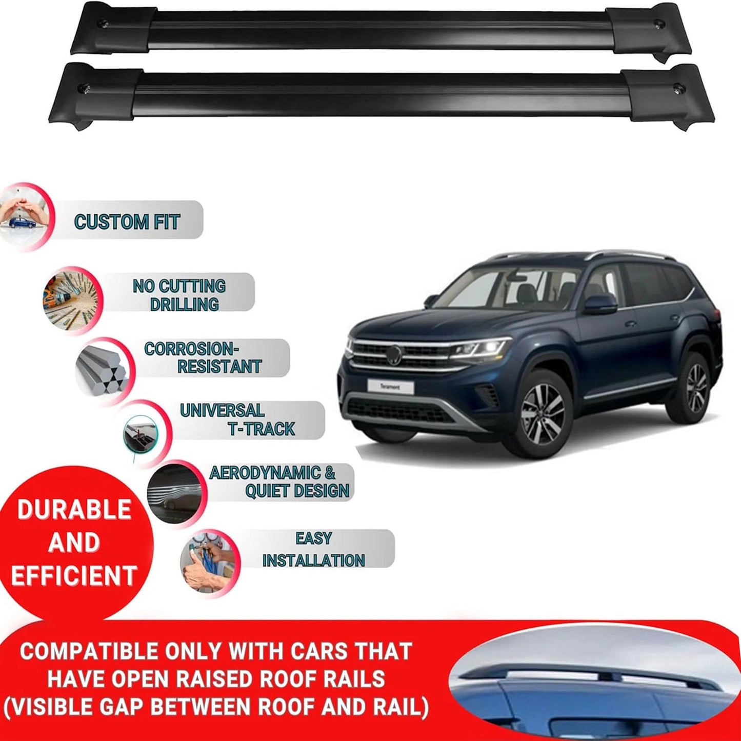 Roof Rack Cross Bars for Vw Teramont Suv 2018+ Aluminum Roof Bars 2 Pcs Black