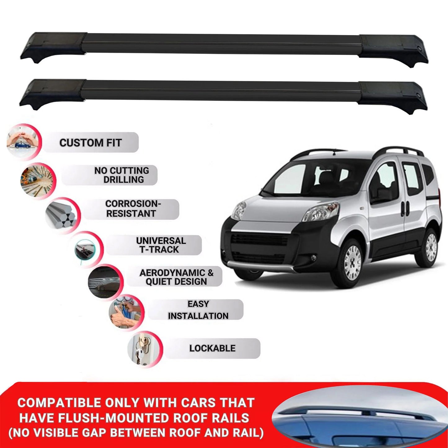 2X Car Roof Rack Cross Bars for Citroen Nemo 2008-2024 Lockable Roof Bars Black