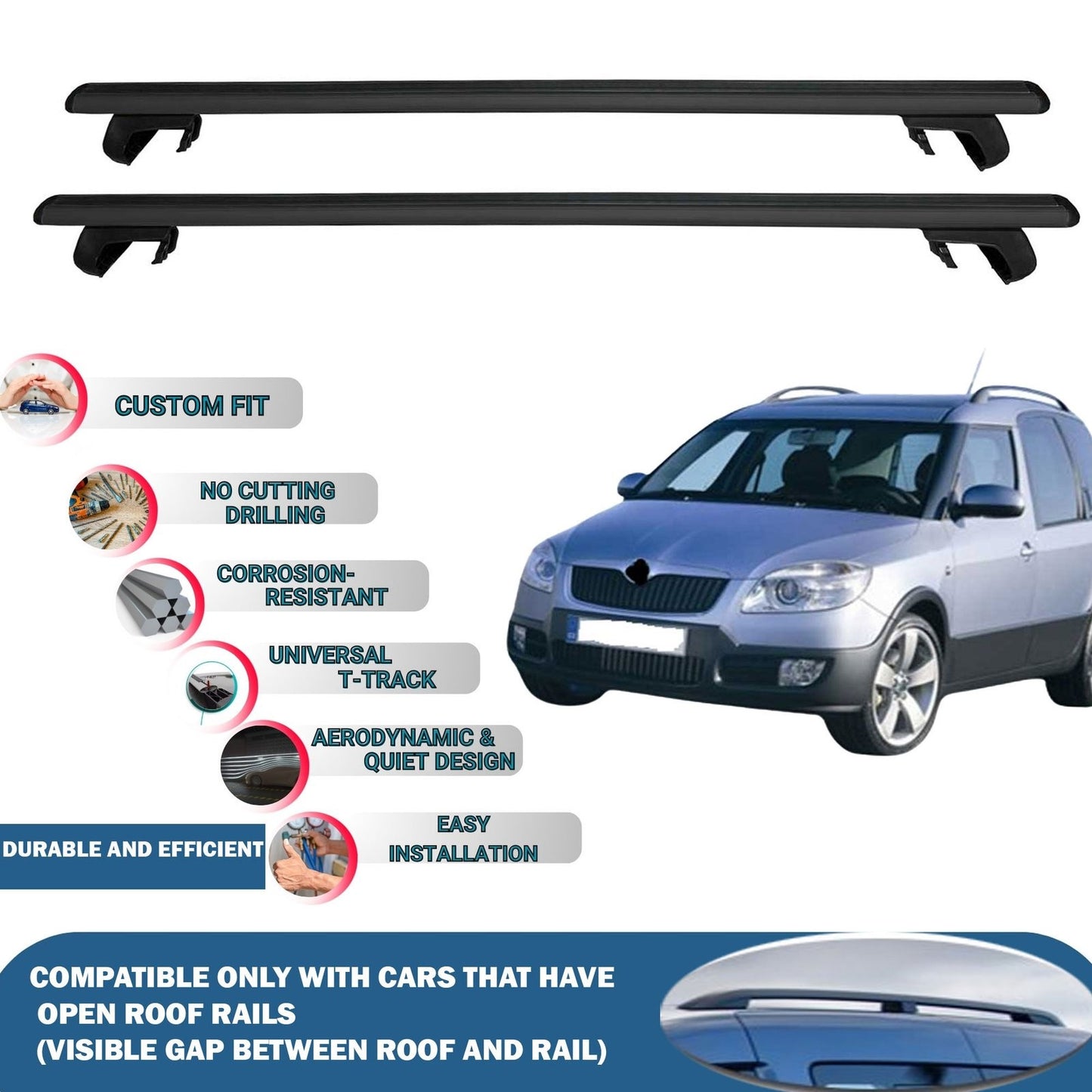 Roof Rack Cross Bars for Skoda Roomster Scout 2007-2015 Rail Carrier for Roof Tents 2 Pcs Black