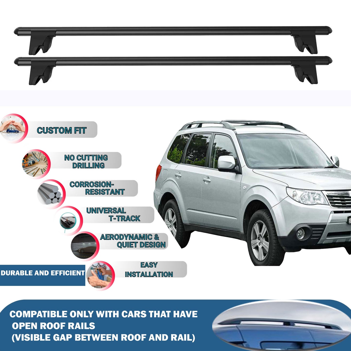 Lockable Roof Rack Cross Bars for Subaru Forester 2008-2013 | Heavy Duty Rail Carrier 2 Pcs Black