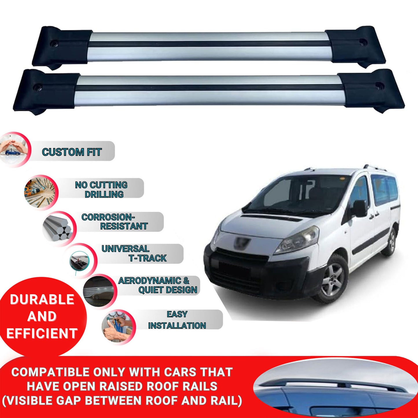 Roof Racks Cross Bars For Peugeot Expert 2007-2017 2 Pcs Grey