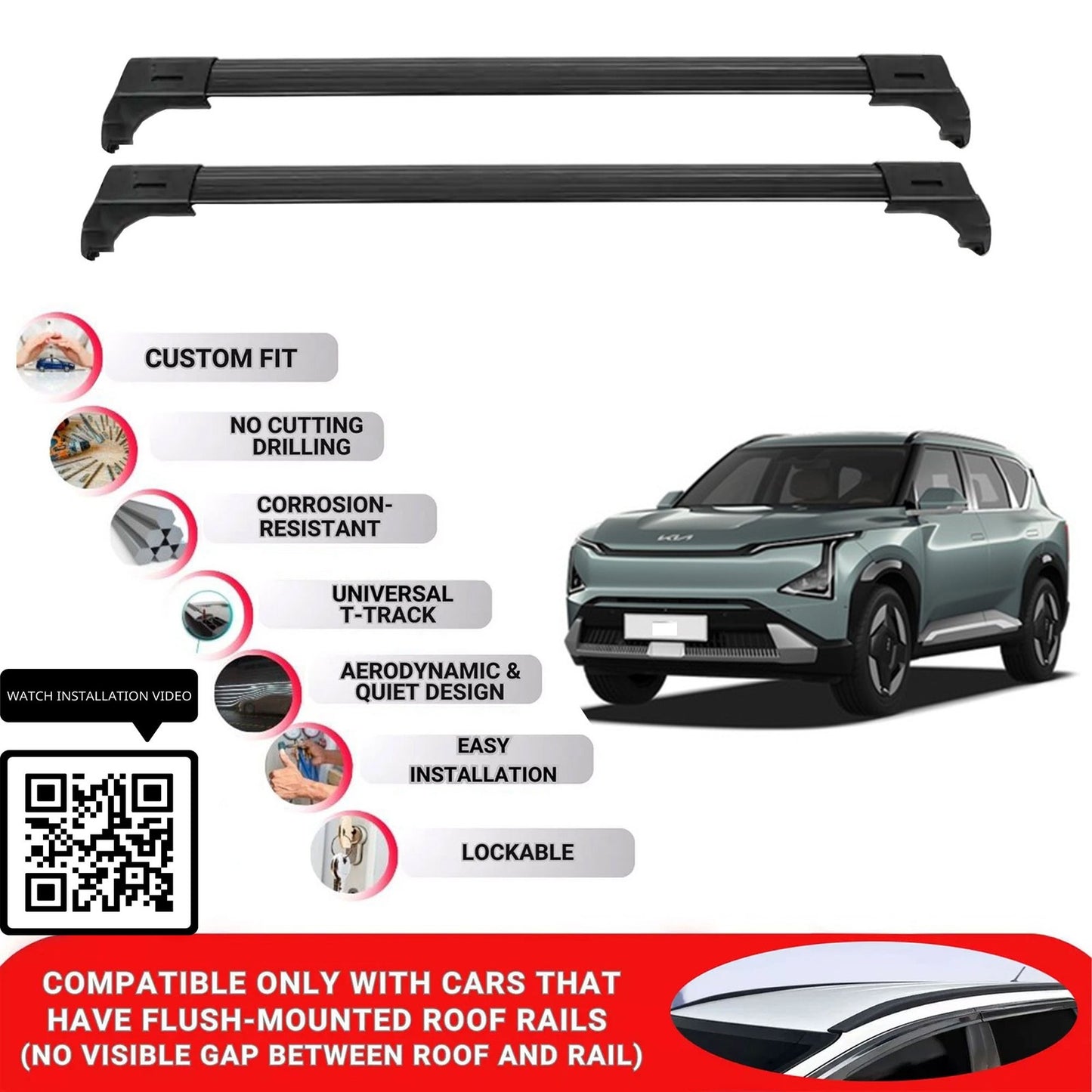 Roof Bars for Kia Ev5 2024+ Lockable Roof Rack Cross Bars 2 Pcs Black