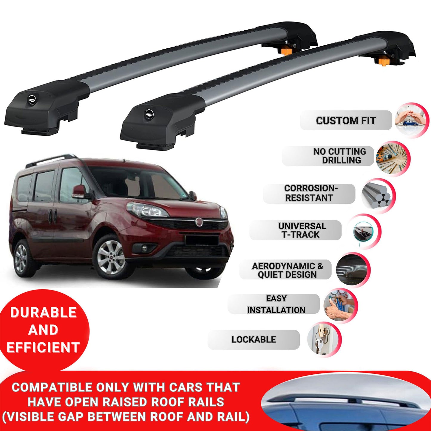 Roof Bar for Fiat Doblo 2 2010-2022 Lockable Roof Rack Cross Bars 2 Pcs Grey