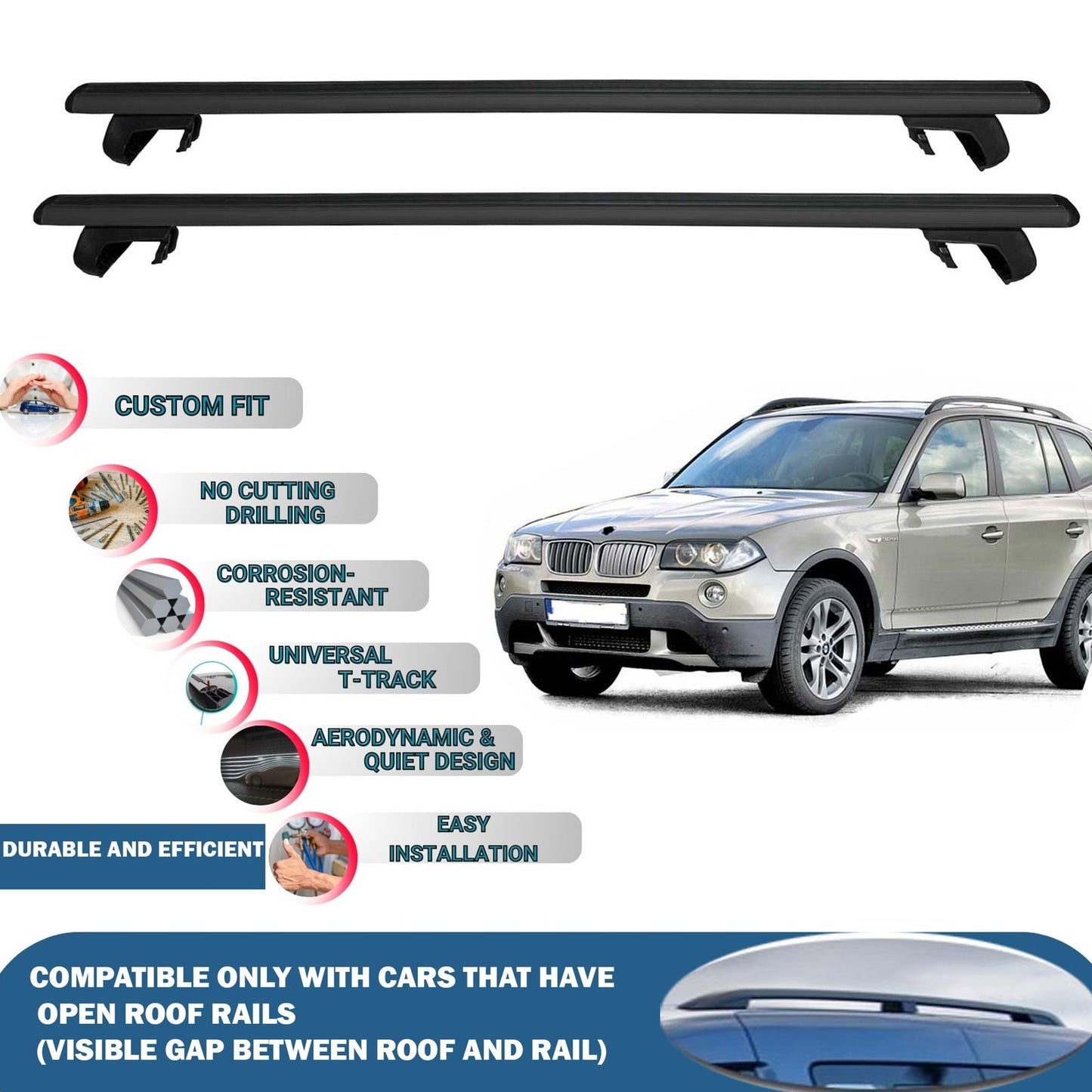 Roof Rack Cross Bars for Bmw X3 2004-2010 Rail Carrier for Roof Tents 2 Pcs Black