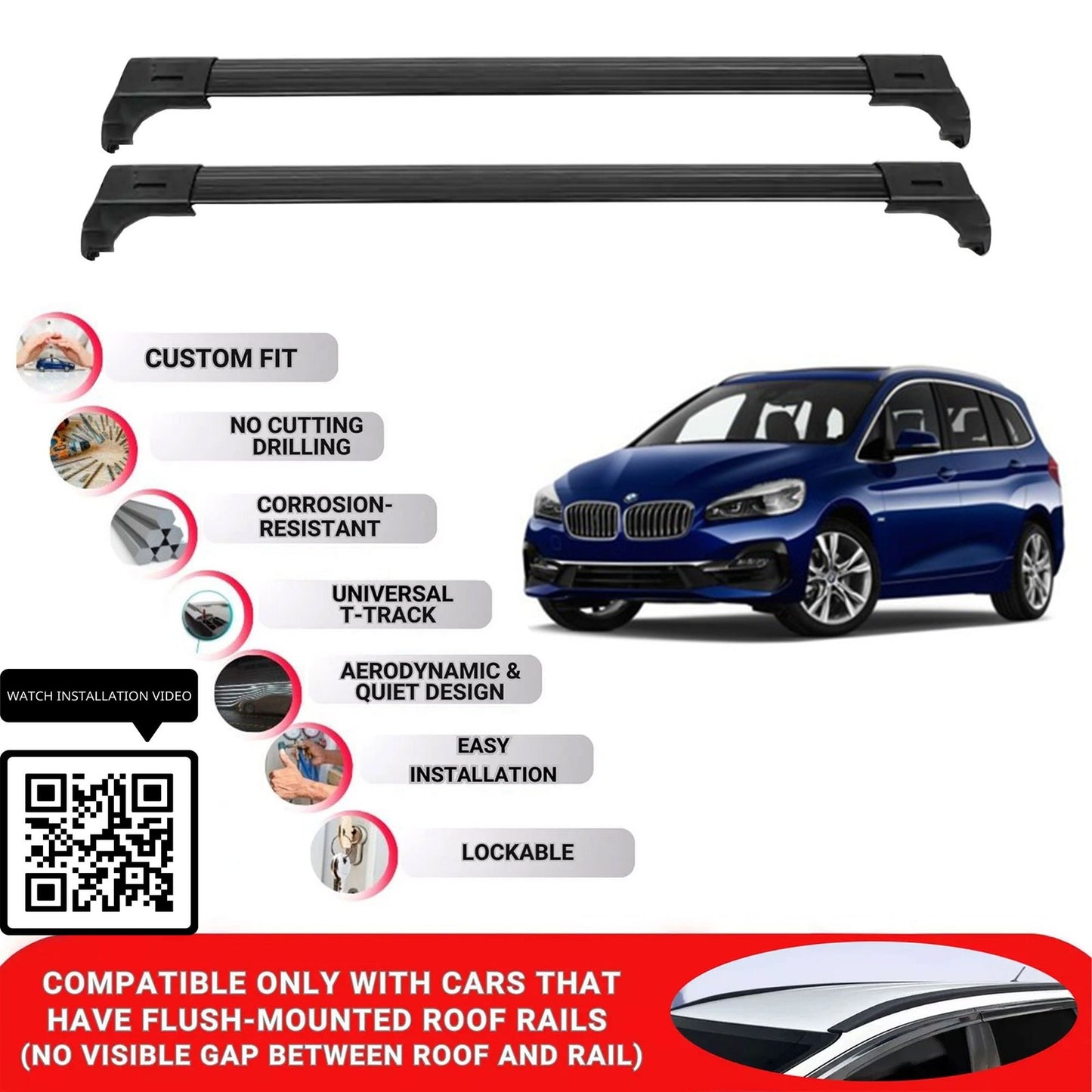 Roof Bars for Bmw 2 Series Gran Tourer 2015-2022; Roof Rack Cross Bars 2 Pcs Black
