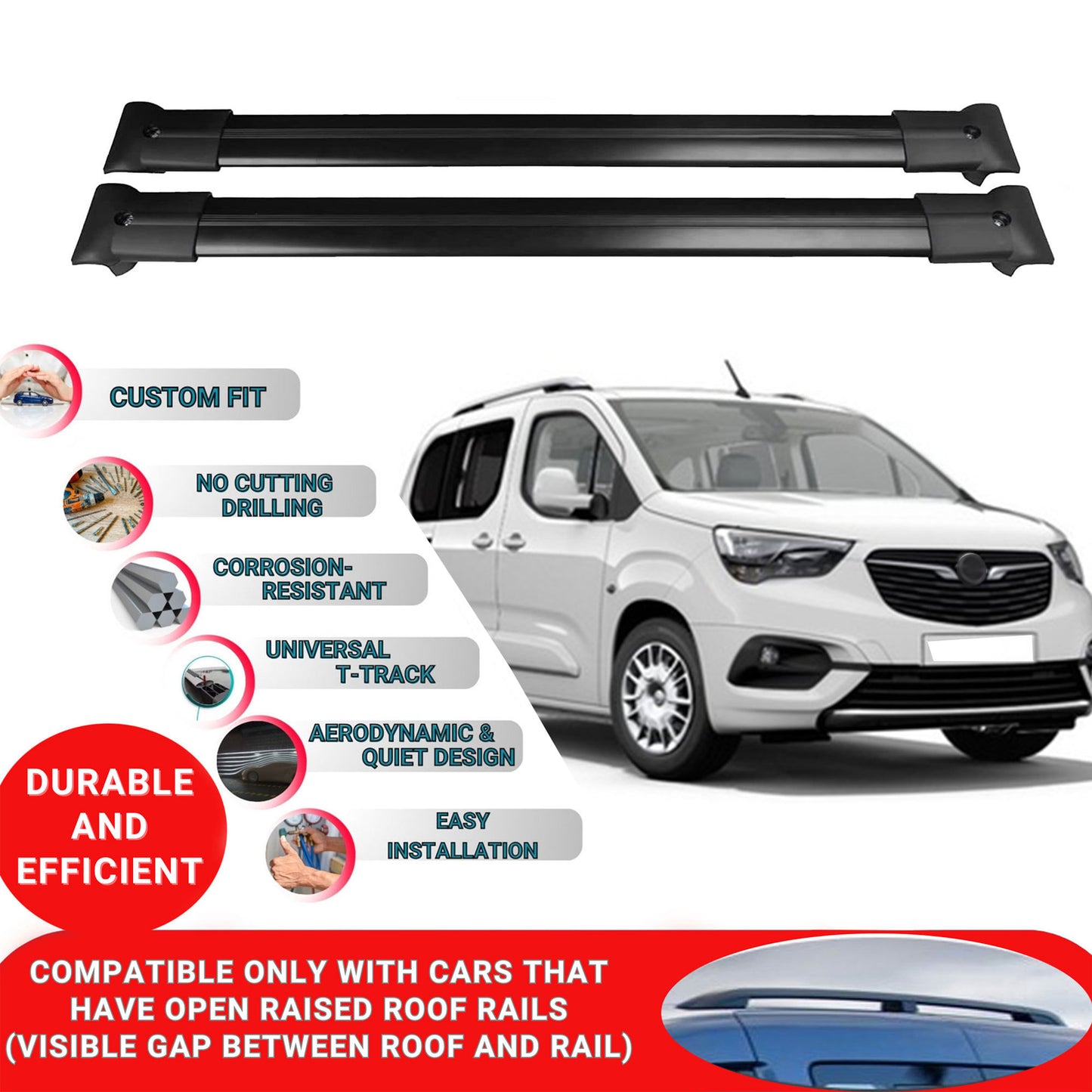 Roof Racks Cross Bars ForVauxhallCombo E Panelvan 2019-2023 2 Pcs Black