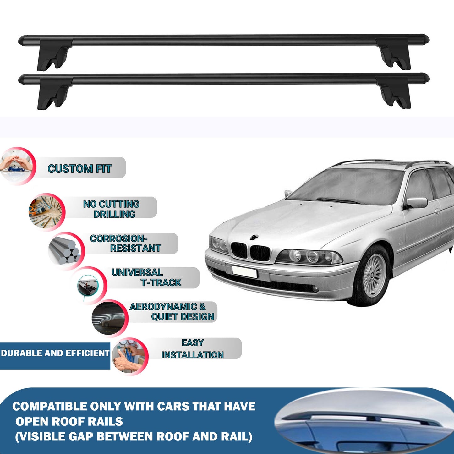 Lockable Roof Rack Cross Bars for BMW 5 Series E39 Touring 2000-2004 | Heavy Duty Rail Carrier 2 Pcs Black