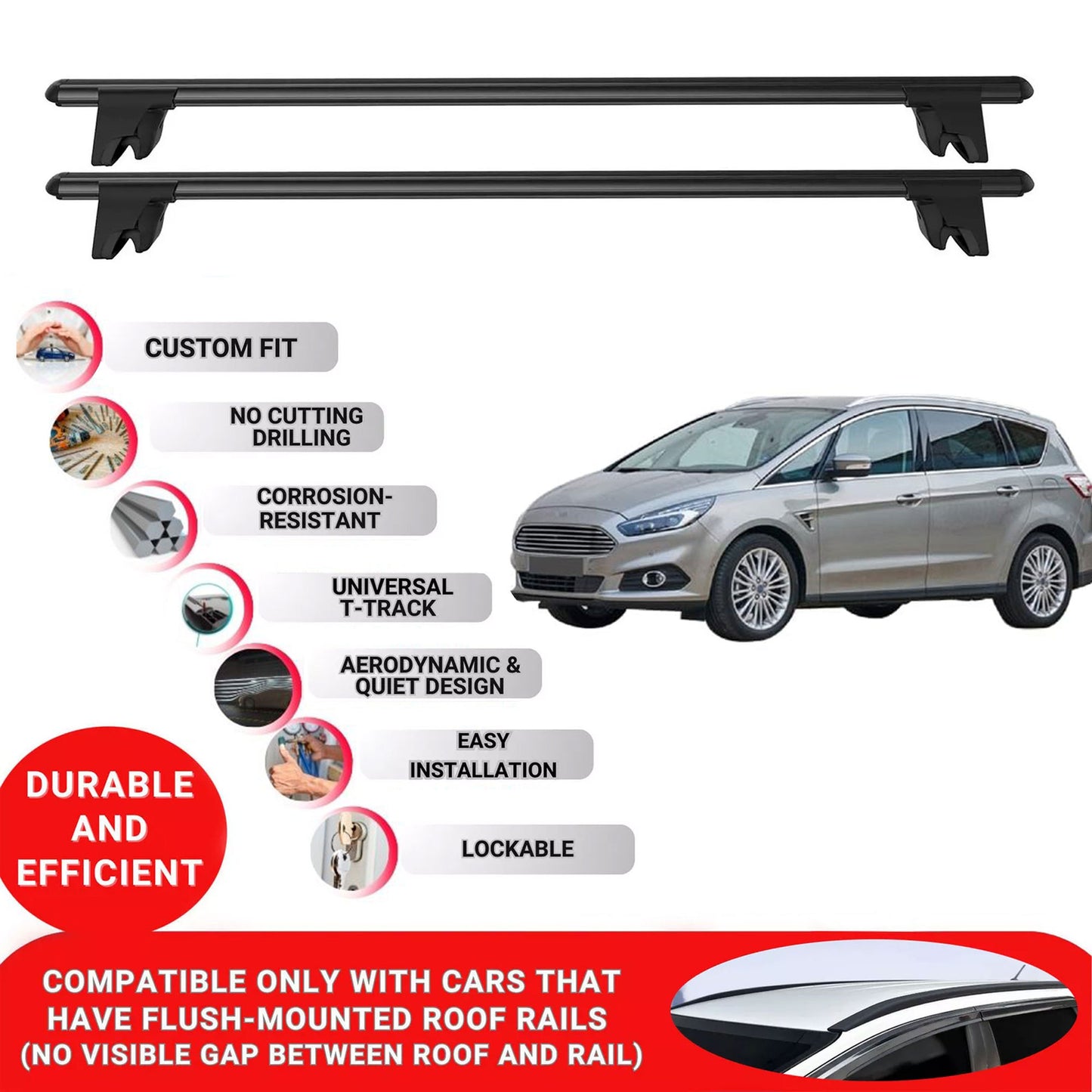 Premium Roof Bars for Ford S-Max2015-2023 Lockable Roof Rack Cross Bars 2 Pcs Black