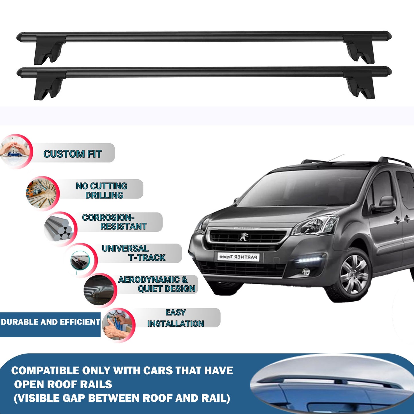 Lockable Roof Rack Cross Bars for Peugeot Partner Tepee 2008-2018 | Heavy Duty Rail Carrier 2 Pcs Black