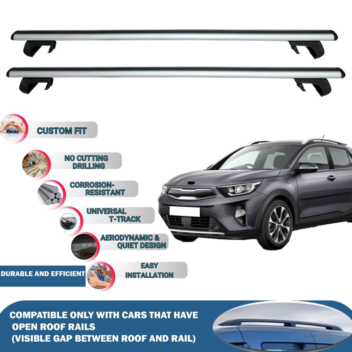 Roof Rack Cross Bars for Kia Stonic 2017-2023 Rail Carrier for Roof Tents 2 Pcs Grey