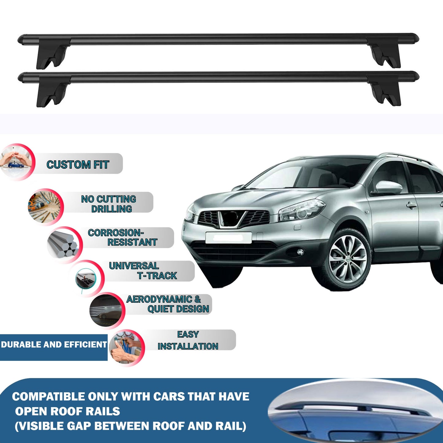 Lockable Roof Rack Cross Bars for Nissan Qashqai 2007-2013 | Heavy Duty Rail Carrier 2 Pcs Black