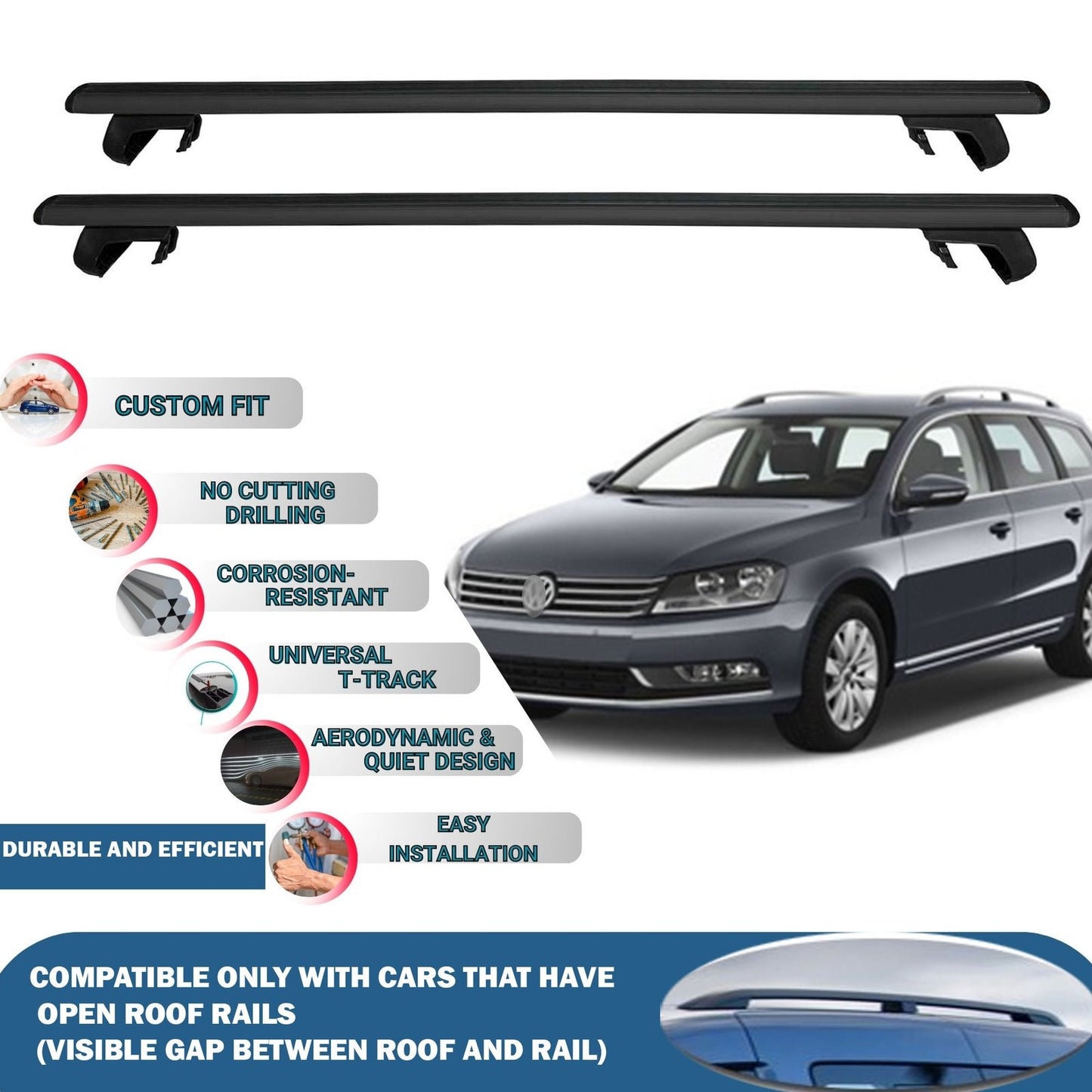 Roof Rack Cross Bars for Volkswagen Passat B7 Sw 2010-2015 Rail Carrier for Roof Tents 2 Pcs Black
