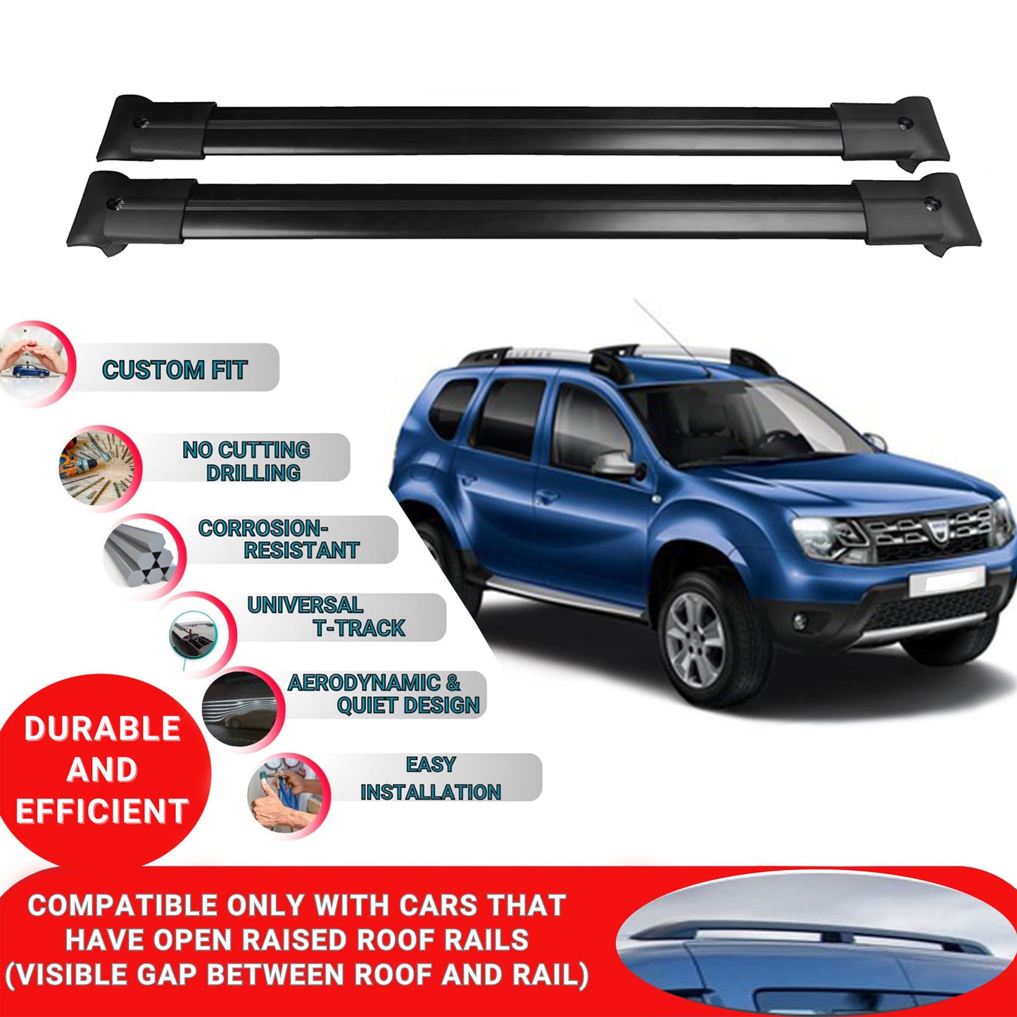 Roof Racks Cross Bars For Dacia Duster Hs (Pre-Facelift) 2014-2017 2 Pcs Black
