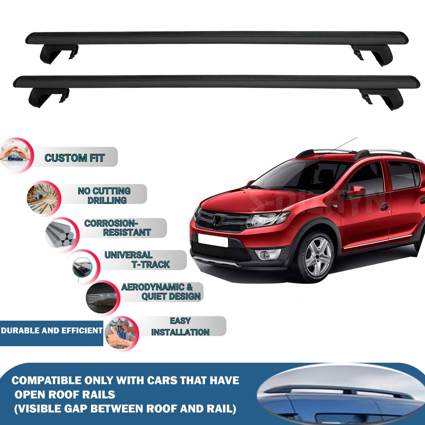 Roof Rack Cross Bars for Dacia Sandero Stepway 2013-2020 Rail Carrier for Roof Tents 2 Pcs Black