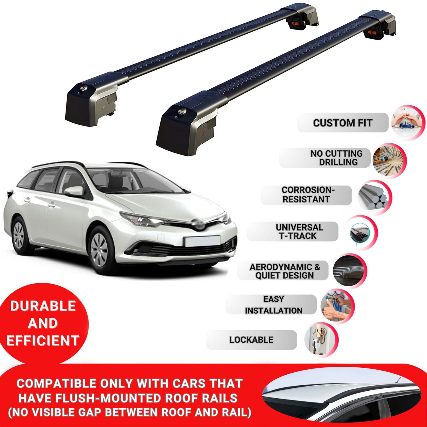 Roof Bars Rack for Toyota Auris Touring Sports E180 2012-2018 Rail Carrier 2 Pcs Black