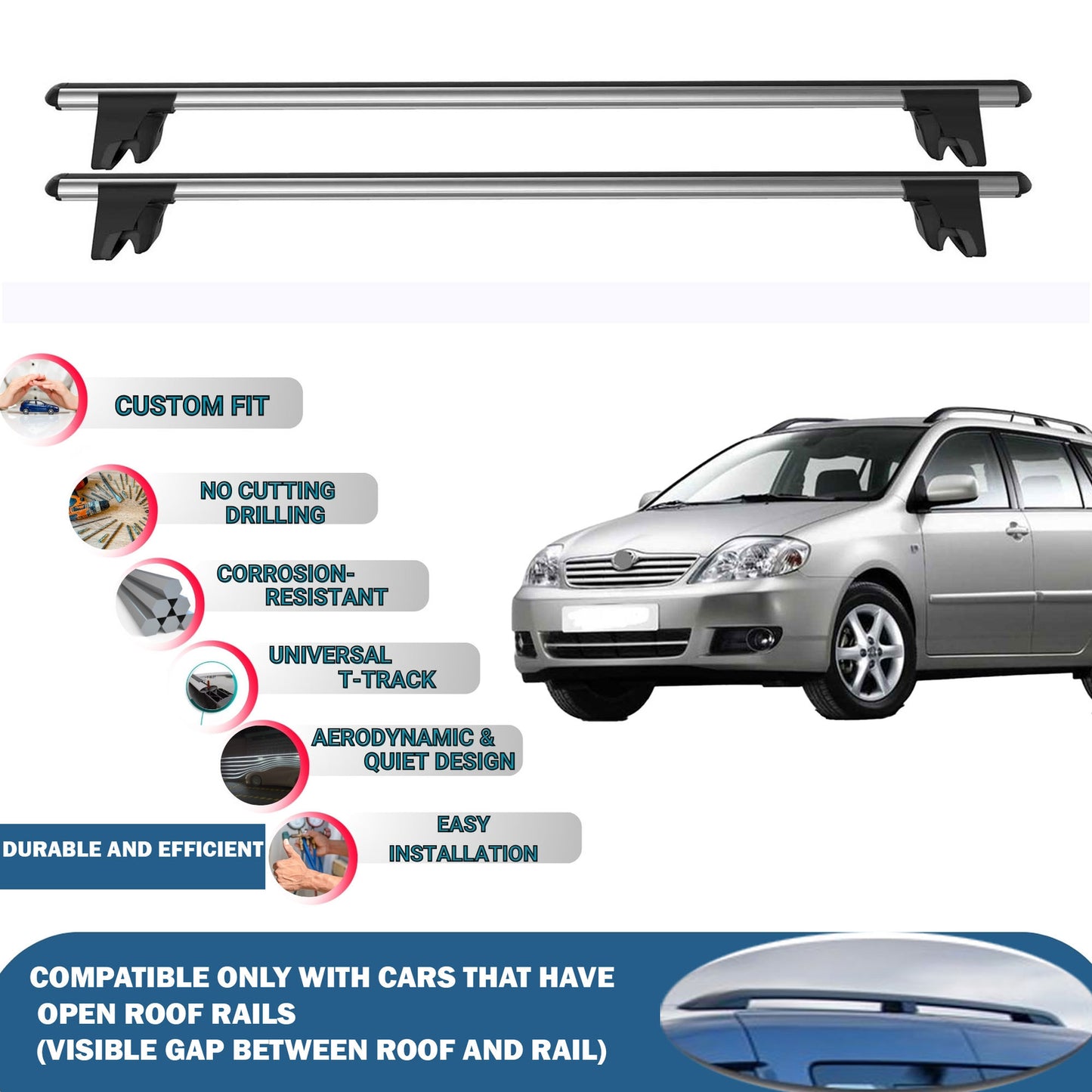 Lockable Roof Rack Cross Bars for Toyota Corolla SW 2000-2006 | Heavy Duty Rail Carrier 2 Pcs Grey