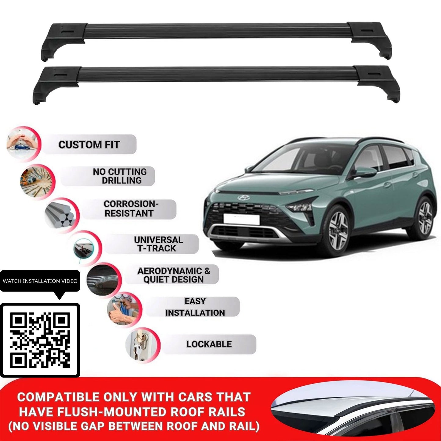 Roof Bars for Hyundai Bayon Hatchback 2021+ Lockable Roof Rack Cross Bars 2 Pcs Black