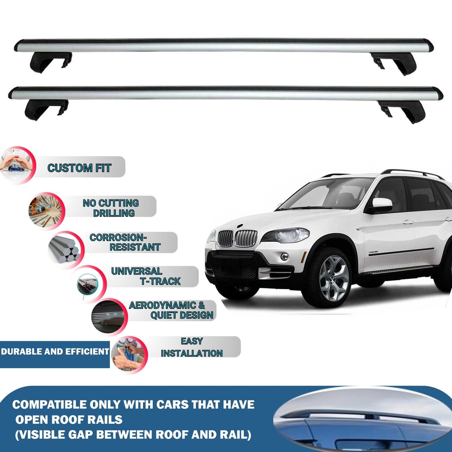Roof Rack Cross Bars for Bmw X5 2007-2013 Rail Carrier for Roof Tents 2 Pcs Grey