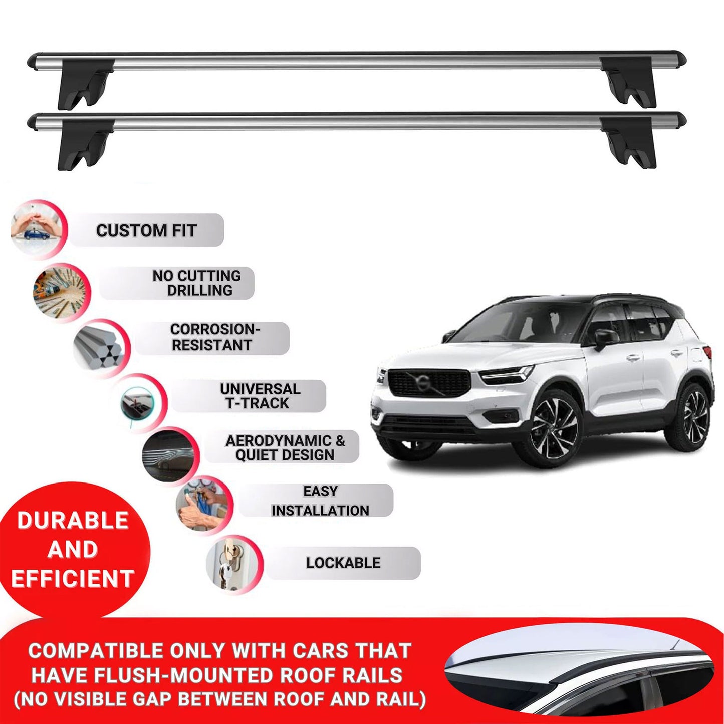Premium Roof Bars for Volvo Xc40 2018-2023; Lockable Roof Rack Cross Bars 2 Pcs Grey