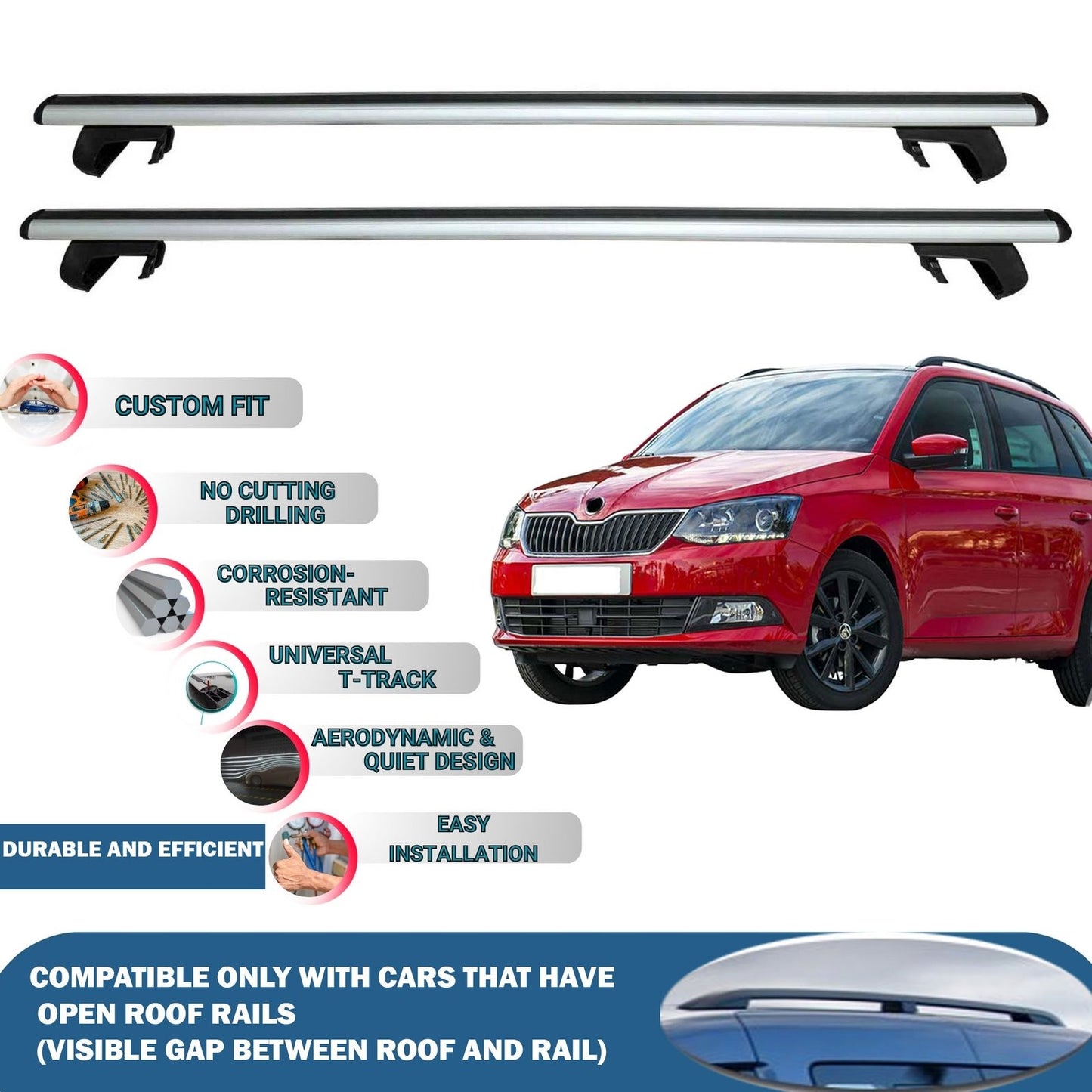 Roof Rack Cross Bars for Skoda Fabia Wagon 2015-2021 Rail Carrier for Roof Tents 2 Pcs Grey
