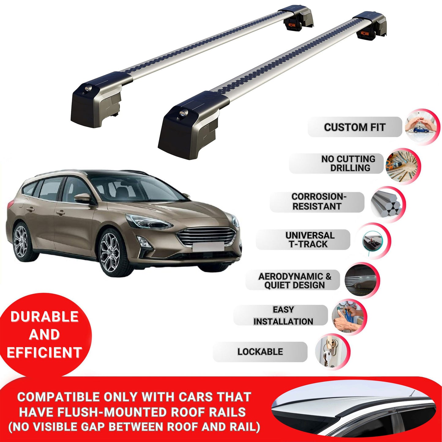 Roof Bars Rack for Ford Focus Estate (C519) 2019+ Lockable Rail Carrier 2 Pcs Grey