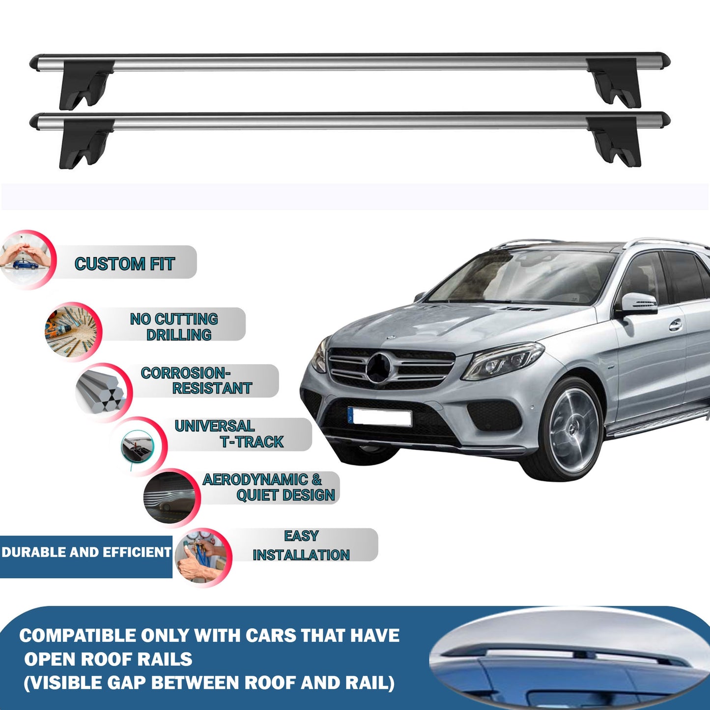 Lockable Roof Rack Cross Bars for Mercedes-Benz GLE 2011-2019 | Heavy Duty Rail Carrier 2 Pcs Grey