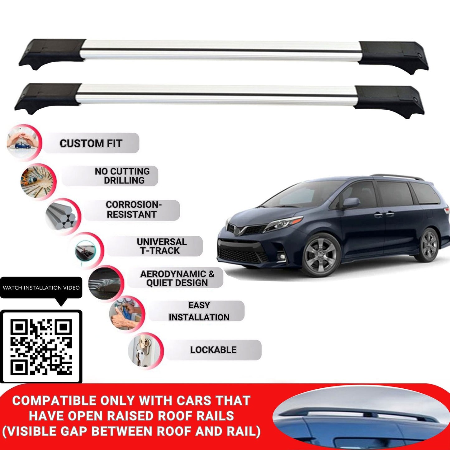 Roof Rack Cross Bars for Toyota Sienna 2011-2020 Lockable Roof Bars 2 Pcs Grey