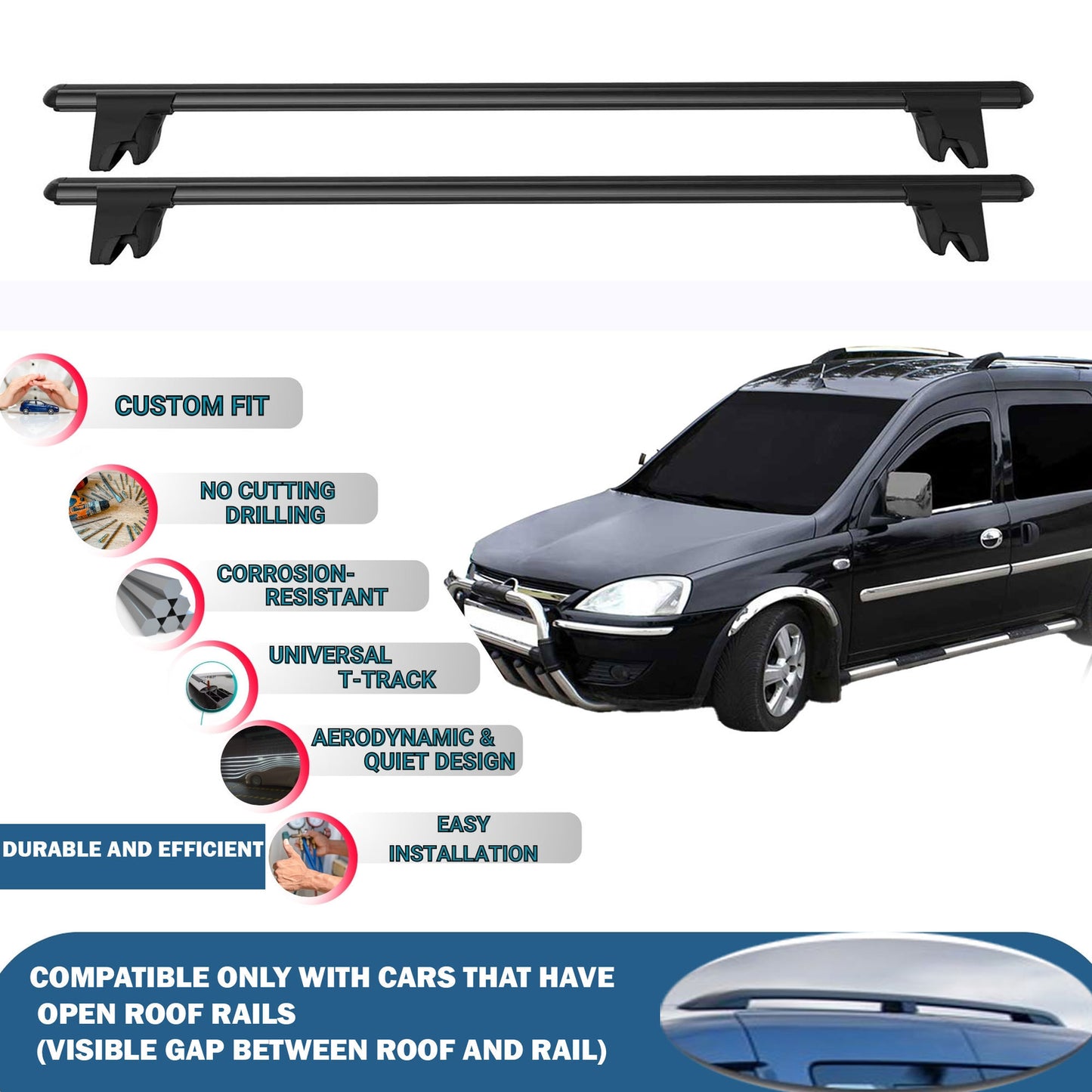 Car Roof Rack Cross Bars for Opel Combo C MVN 2001-2011 Kayak Roof Rack 4Pcs BLK